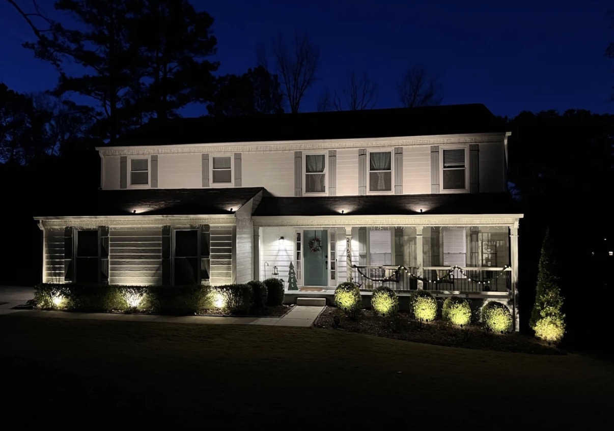 Exterior and landscape lighting installed at a home in Aurora, Ontario
